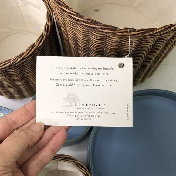 RARE Vintage 2002 Set of 3 LEVENGER Woven Nesting Baskets Stackable Leather Lids - Picture 6 of 8